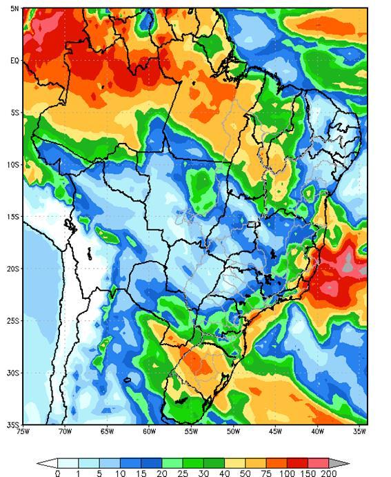 Figura 1 - Precipitação acumulada prevista pelo modelo ETA (CPTEC/INPE) para o período de 18 a 24/05/19 Nas bacias dos rios Paranapanema, Grande, Paranaíba e Iguaçu, e parte das bacias dos rios São