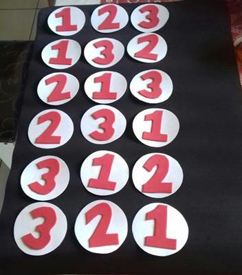 Números 1, 2 e 3 confeccionados em emborrachados fixados em papel guache (21 números no total: 7 peças de número 1, 7 peças de número 2 e 7 peças de número 3). Folha e lápis para registro.