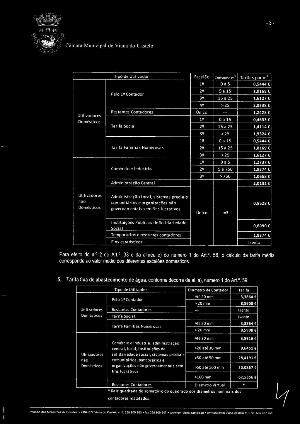 0 58, o cálculo da tarifa média corresponde ao valor médio dos diferentes escalões domésticos. 5. Tarifa fixa de abastecimento de água, confonne decorre da ai. a), número 1 do Art.