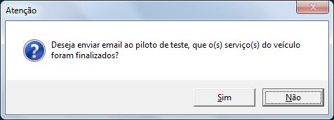 Imagem 4: Solicitação de teste gerado pelo sistema No momento do fechamento dos serviços, o sistema indaga se deseja enviar email para o piloto de teste, para avisa-lo