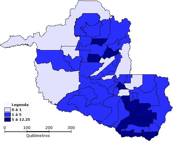 Mineral para Itapuã do Oeste. É um setor com pouca importância em oito municípios, conforme mostra a Figura 8. O maior QL para a Agropecuária foi em Pimenteiras do Oeste (12,24).