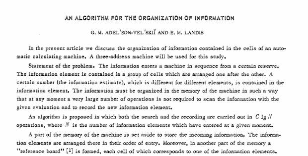 AVL G.M. Adelson-Velskii y E.M. Landis An algorithm for the organization of information.