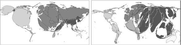 d) cilíndrica equivalente, que destaca as áreas situadas nas latitudes intertropicais e preserva as dimensões relativas entre os continentes e países.