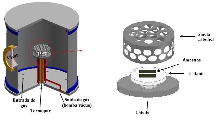 Figura 1 - Representação esquemática em corte do reator de nitretação iônica na configuração de gaiola catódica, mostrando em detalhe a gaiola. A gaiola é posicionada sobre o cátodo.