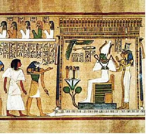 Religião egípcia A representação da Morte: Representação encontrada no Livro dos Mortos da alma na presença de Osíris.