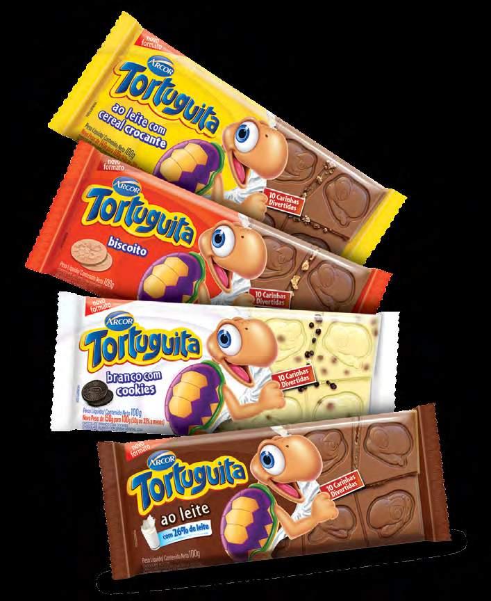 CHOCOLATE Qualidade Sabores deliciosos e diferenciados com a força da personagem Tortuguita. VERsão Formato lúdico com 10 carinhas divertidas.