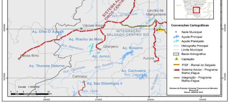 O sistema apresentado na Figura 9 influenciará nas demandas impostas aos reservatórios Olho D Água, Tatajuba e Ubaldinho. Figura 9 - Sistema Adutor Orós-Centro Sul Fonte: SRH (no prelo).