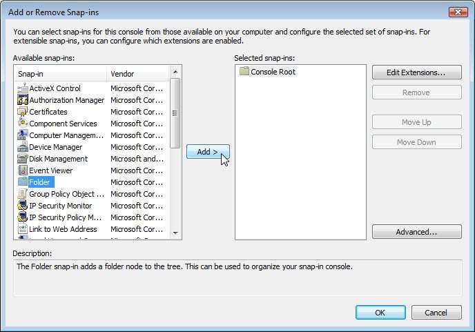 A janela "Adicionar ou Remover Snap-in" será exibida. Para adicionar uma pasta snap-in desça com o mouse até encontrar a Pasta. Dividir em pastas permite que você organize todos os seus snap-ins.