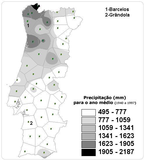 Abordagem Bayesiana não-paramétrica para análise de valores extremos 81 Figura 3.35: Mapa de Portugal com índices pluviométricos. menor BIC e DIC é o modelo MGP D 3. Tabela 3.