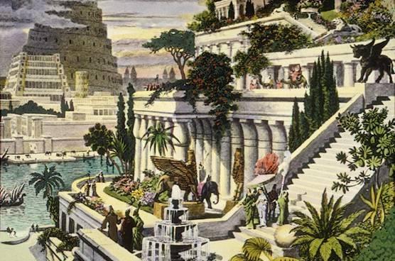 Representação dos jardins suspensos da Babilônia, como imaginados por Martin Heemskerck. Na pintura, a Torre de Babel aparece ao fundo.