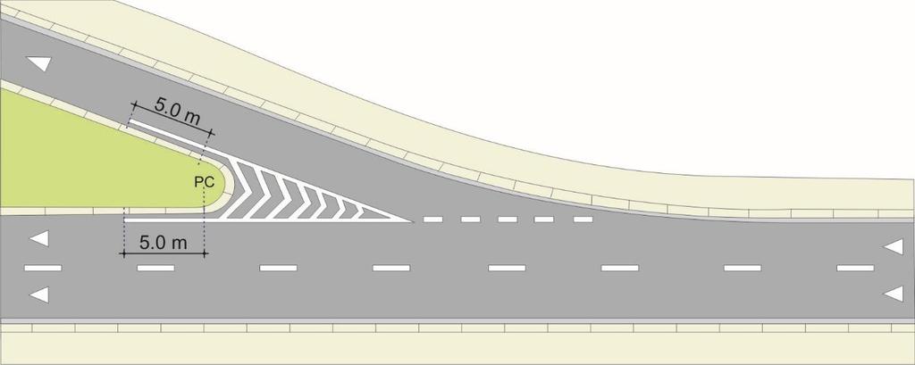 No caso de inexistência de faixa de desaceleração, deve ser demarcada uma linha de continuidade até linha de canalização, Figura 4.