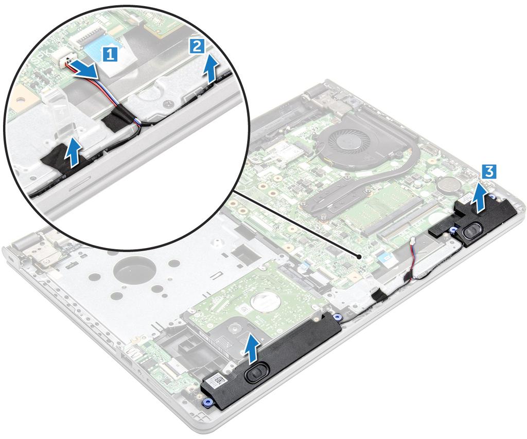 Alto-falante Como remover os alto-falantes 1 Siga o procedimento descrito em Antes de trabalhar na parte interna do computador.