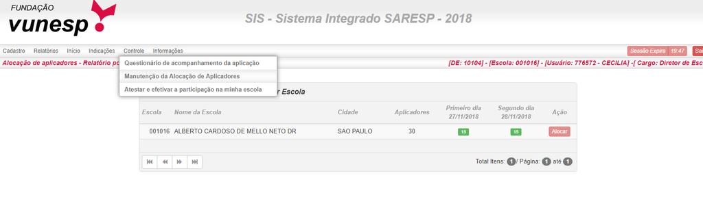 SIS Aba Controle Manutenção de alocação de aplicadores Todas as