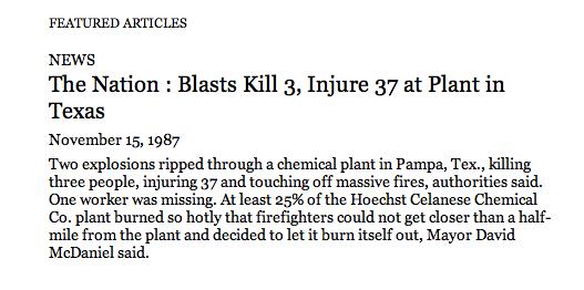 Ø Informe sobre o acidente Em 15 de novembro de 1987, duas poderosas explosões destruiram uma planta química na localidade de Pampa,