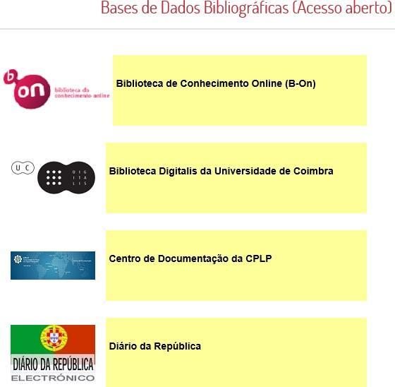 ISEG Bases de Dados Bibliográficas Acesso Aberto (LINK) BDB:Biblioteca de Conhecimento Online (B-On); Biblioteca Digitalis da Universidade de Coimbra; Centro de Documentação da CPLP; Diário da