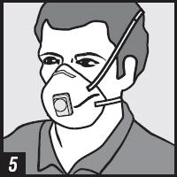 5. Colocação correta. INSTRUÇÕES DE REMOÇÃO Veja o passo 2 das Instruções de Uso e coloque o respirador na mão para manter a posição na face. Puxe o tirante inferior por sobre a cabeça.