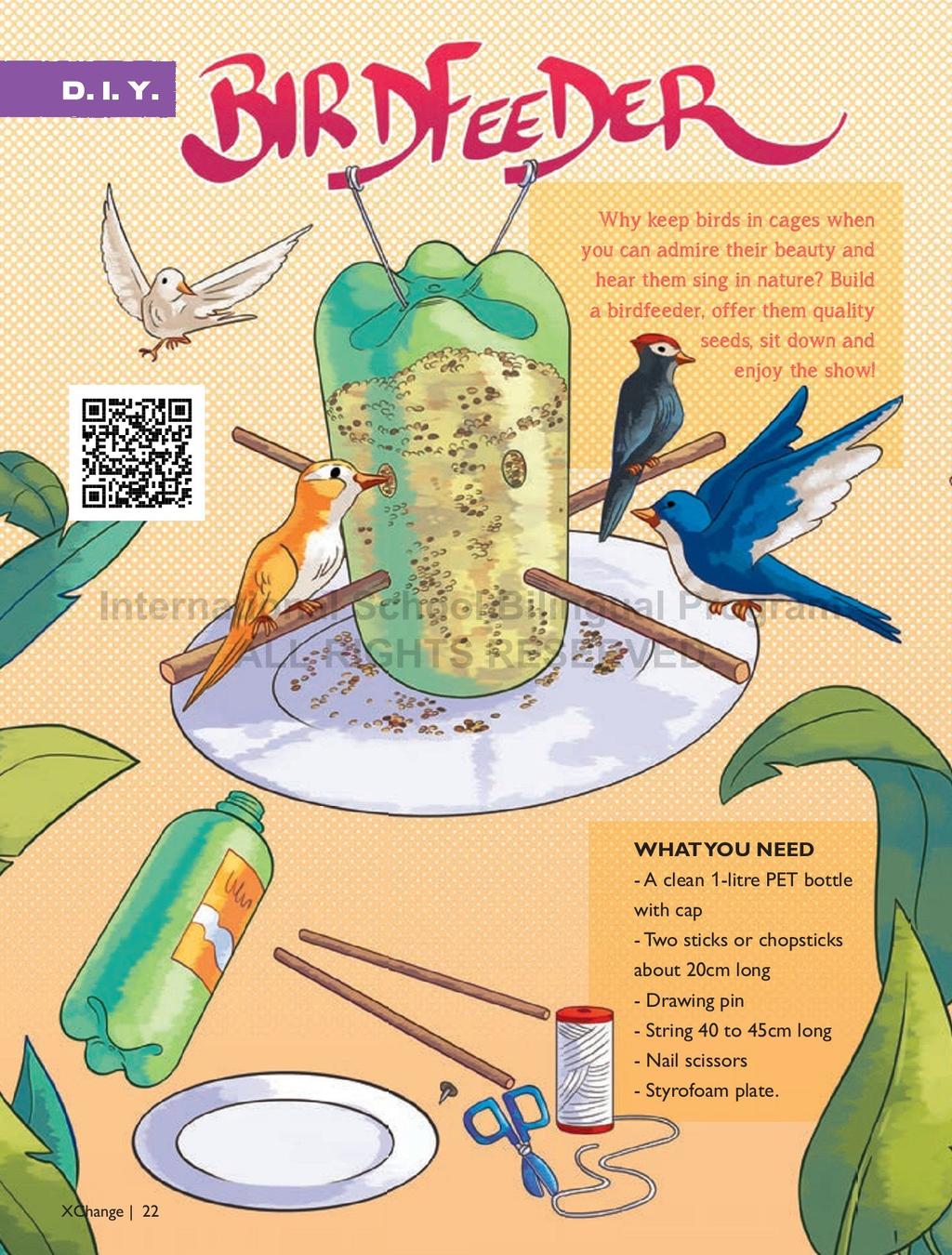 Essas imagens ilustram uma atividade na qual os alunos precisam construir um alimentador de pássaros com materiais