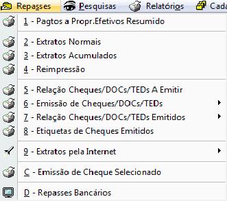 Repasse O sistema JBI possui uma rotina completa para a realização de Repasses via Cheque, Dinheiro, DOC e/ou TED. O menu Repasse possui as seguintes opções: 1 Pagtos a Propr.