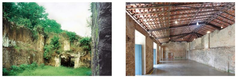 década final do século XX: as fotos à esquerda são a época da restauração da Fortaleza de Santo Amato e as que estão à
