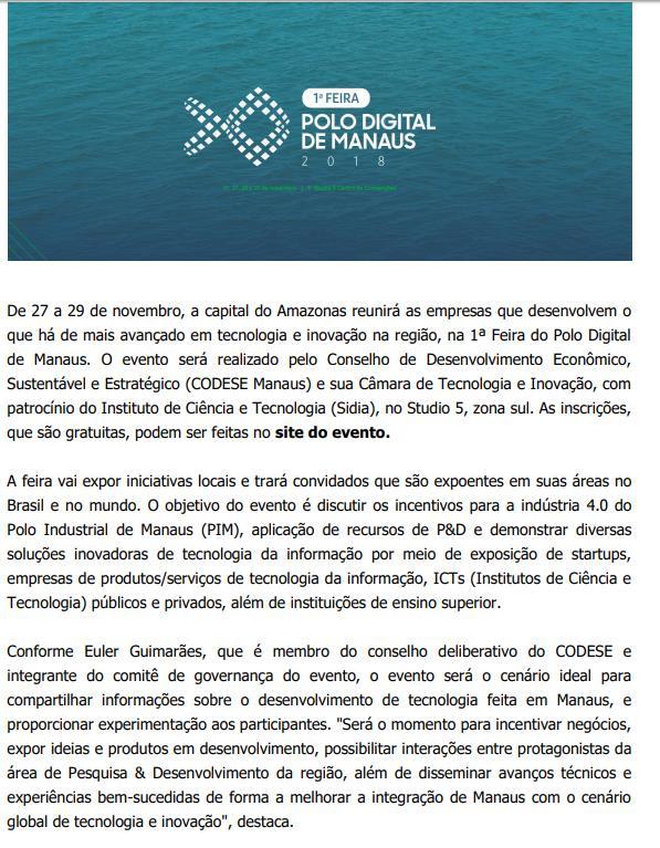 CLIPPING DE NOTÍCIAS Título: CODESE promoverá 1ª Feira do Polo Digital de Manaus e inscrições estão abertas Veículo: CBIC Hoje Data: 07.11.