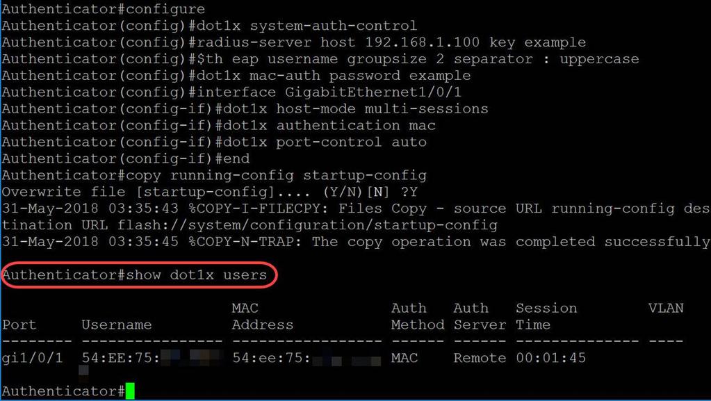 Usuários do dot1x de Authenticator#show Relação gigabitethernet1/0/1 do