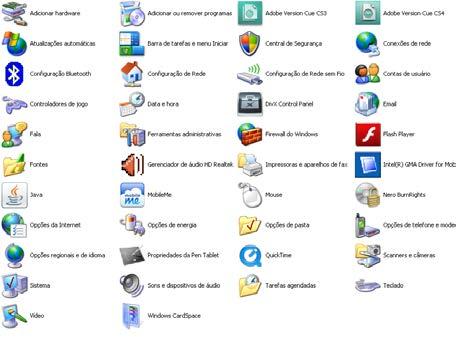 36 Figura 9 - Ícones do Windows XP Fonte: Autor Na figura 9 pode-se perceber ícones diversos na tela painel de controle do Microsoft Windows XP, onde objetos cotidianos fazem a representações das