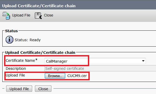 A fim transferir arquivos pela rede CA assine o CallManager CSR, início de uma sessão ao > gerenciamento de certificado do > segurança Admin do OS > ao certificado/certificate chain da transferência