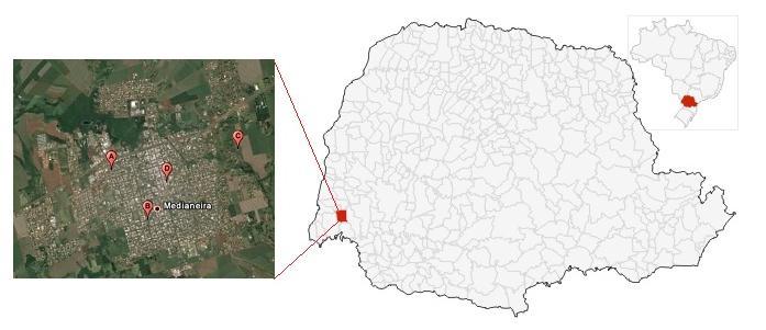 Figura 1- Localização do Município de Medianeira e residências PR Fonte: Adaptado de Wikimedia commons e Google earth, 20