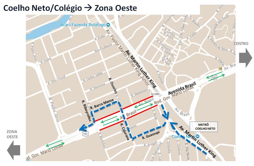 Os veículos com origem nos bairros Coelho Neto e Colégio que desejam seguir para a Av Brasil sentido, Zona Oeste, devem acessar a Rua Guassupi virar à direita na Rua