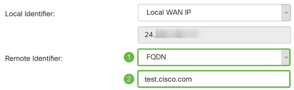 FQDN do usuário Esta opção deixa-o usar um Domain Name completo para um usuário específico no Internet. Neste exemplo, nós estaremos selecionando o IP local de WAN como nosso identificador local.