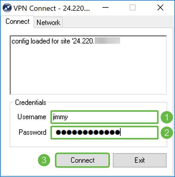 Etapa 2. Um VPN conecta o indicador aparece. Incorpore o nome de usuário e senha que criou na seção criadora da conta de usuário. Então a imprensa conecta. Etapa 3.