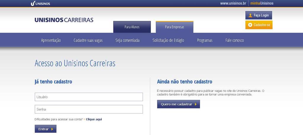 br/carreiras Clicar na Aba Para Empresas - Faça Login