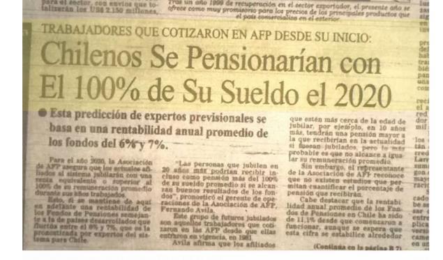 Na imprensa há duas décadas. "Os chilenos se aposentariam com 100% do salário em 2020.