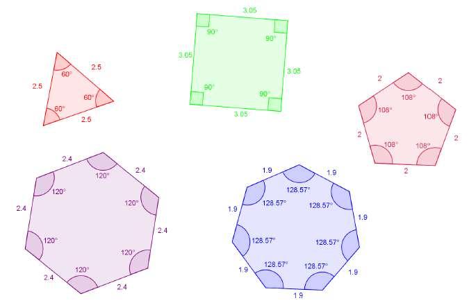 5) Meça os ângulos internos do triângulo. Pegue agora o outro polígono. Você já constatou que todos os lados possuem a mesma medida, certo? Podemos afirmar o mesmo a respeito dos ângulos internos?