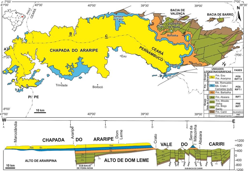 12 Figura 6. Mapa litoestratigráfico e perfil geológico da Bacia do Araripe. Modificado de Assine (2007).
