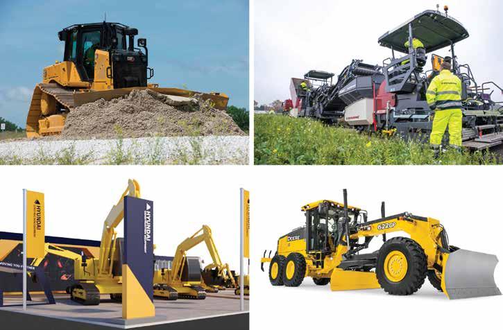 BAUMA 2019 HYUNDAI JOHN DEERE CATERPILLAR DYNAPAC O Trator D6 XE da Caterpillar, a pavimentadora SD2500 da Dynapac, a motoniveladora 622GP da John Deere e a maquete do estande da Hyundai res de