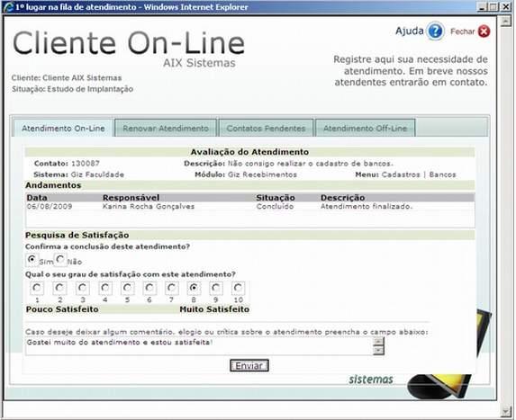 Ao término do atendimento, a tela Dados do Contato é