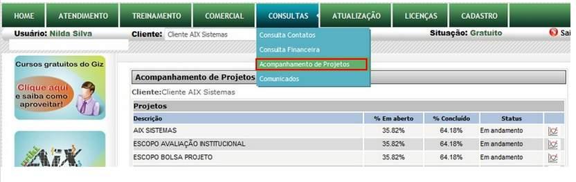A subaba Acompanhamento de Projetos é exibido o status