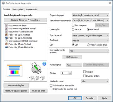 Você verá a janela de definições da impressora: 3. Selecione as configurações de impressão que deseja usar como padrão em todos os programas do Windows. 4. Clique em OK.