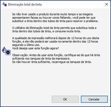 Você verá uma janela como esta: 3. Siga as instruções na tela. 4. Depois de fazer a descarga potente da tinta, desligue o produto e espere pelo menos 12 horas antes de ligá-lo novamente. 5.