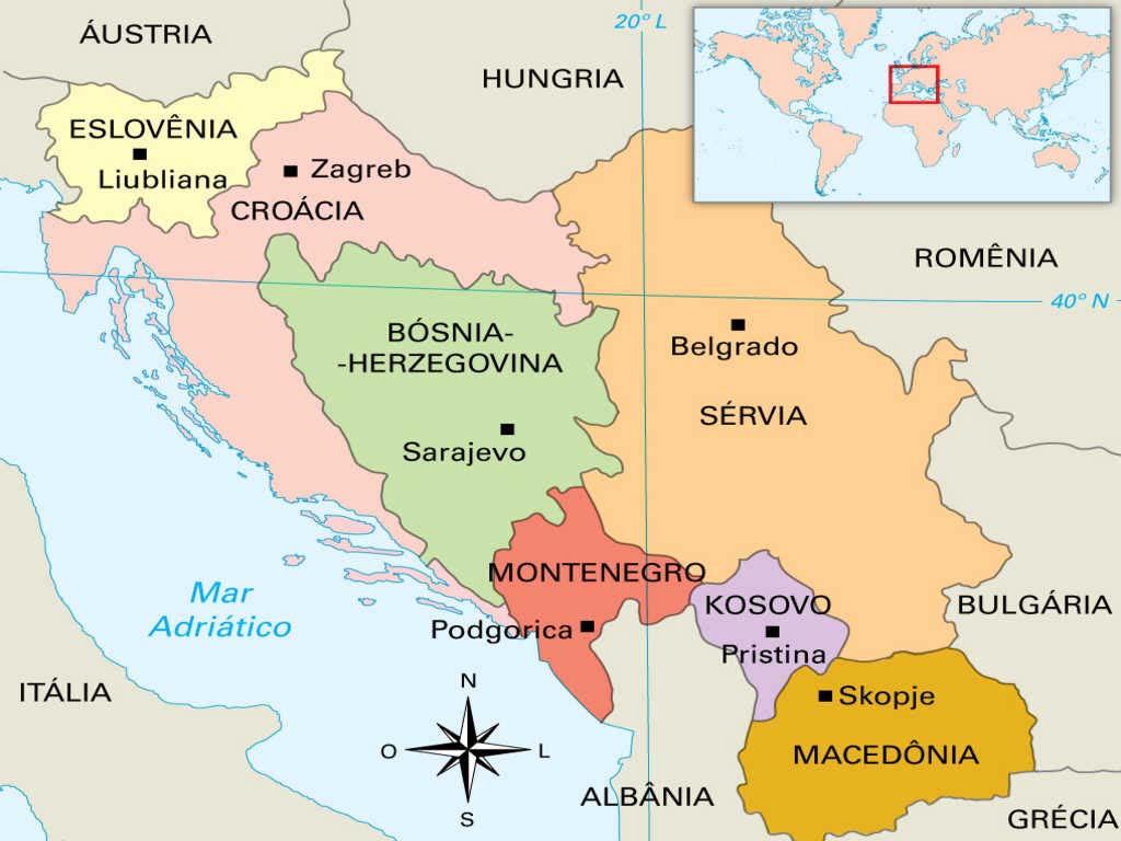 A desintegração da Iugoslávia Até 1991, a Iugoslávia era uma país federativo. FORMADO POR Seis repúblicas: Sérvia / Croácia / Eslovênia / Bósnia-Herzegovina / Macedônia / Montenegro.