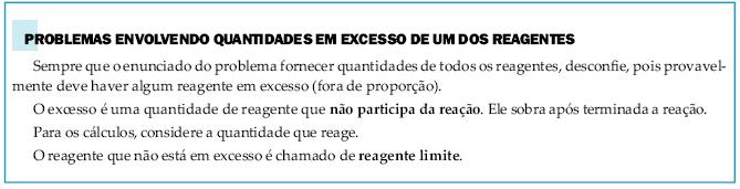 1 REAGENTE EM EXCESSO E LIMITANTE Quando misturamos dois reagentes que não estão em proporção estequiométrica, um deles será consumido totalmente, sendo denominado reagente limitante.