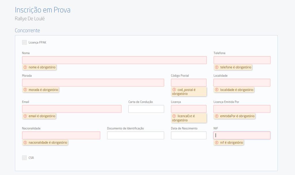 2.2. Preenchimento Formulário de Inscrição Online 2.2.1. Concorrente Caso o concorrente já possua licença válida, basta inserir o número da mesma.