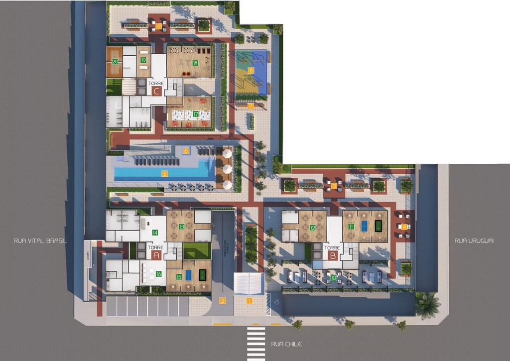 IMPLANTAÇÃO 01. PORTARIA 02. ACESSO SUBSOLO 03. ÁREA DE ESTAR 04. SOLÁRIUM 05. PISCINA ADULTO 06. PISCINA INFANTIL 07. PERGOLADO 08. PLAYGROUND 09. ÁREA DE ESTAR 02 10.TERRAÇO 11.