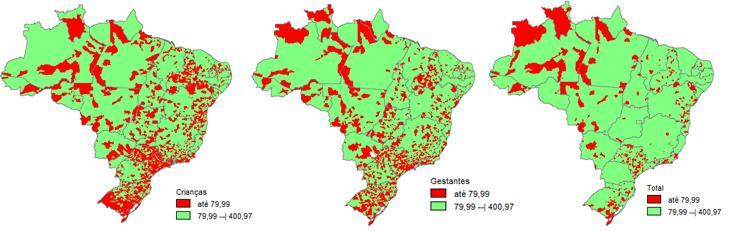 Fonte: CGPNI/DEVIT/SVS/MS Figura 3. Cobertura vacinal da vacina influenza nos grupos prioritários da criança e gestante e cobertura total por municípios, Brasil.