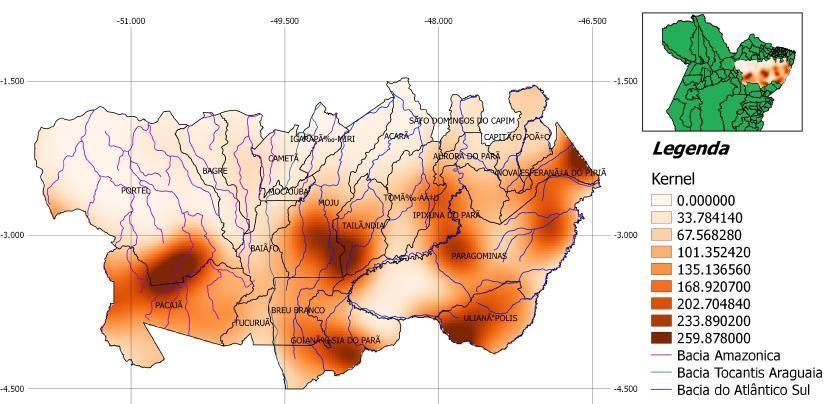 3.3 MAPEAMENTO DAS CICATRIZES DE QUEIMADAS, REALIZAÇÃO DO MAPA DE CALOR De posse dos dados obtidos foi possível através do software Qgis processar o mapa de calor, a adição de uma camada base