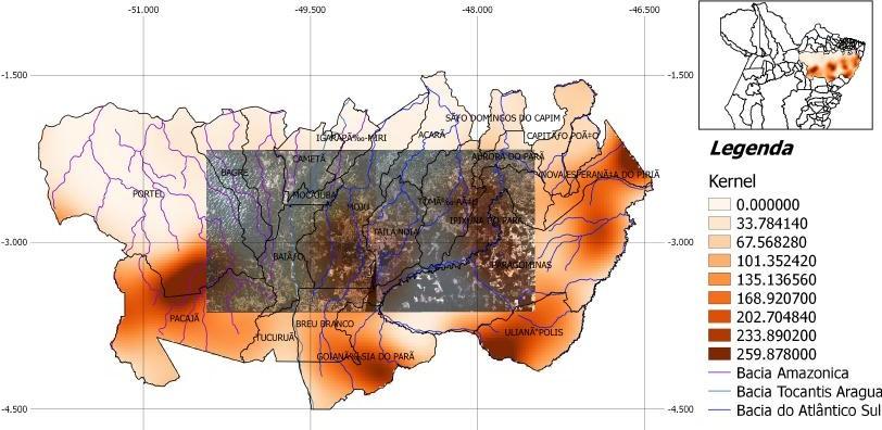 Também da análise dos mapas percebe-se que muitos corpos hídricos cortam esses focos, consequentemente nesses trechos os rios têm suas matas ciliares impactadas, o que posteriormente vai ocasionar