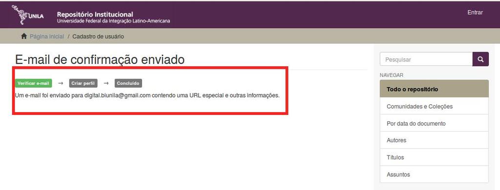 do cadastro foi enviado para e-mail cadastrado enlace de