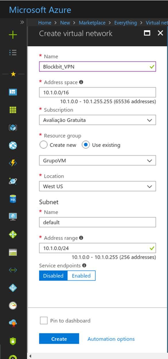 Na página Create virtual network configure os