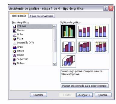 Na janela que aparecer, escolha na opção Tipo de Gráfico o padrão de gráfico que desejar e na opção Subtipo de gráfico escolha um modelo dentro do padrão.